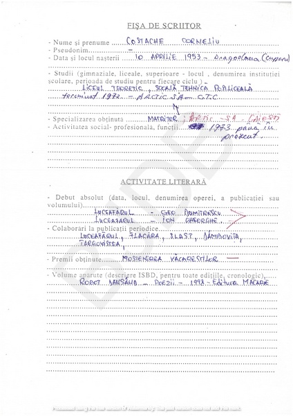 M-1283 - Fisa scriitor Costache Corneliu